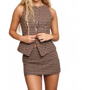 NEW LE LIS quiet confidence plaid mini skirt set in chocolate & taupe